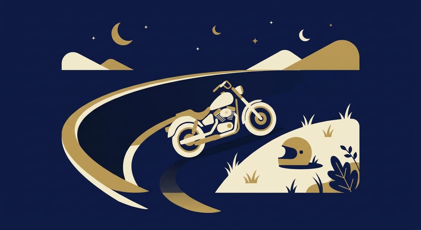 Ilustrace: motocykl a helma na noční silnici