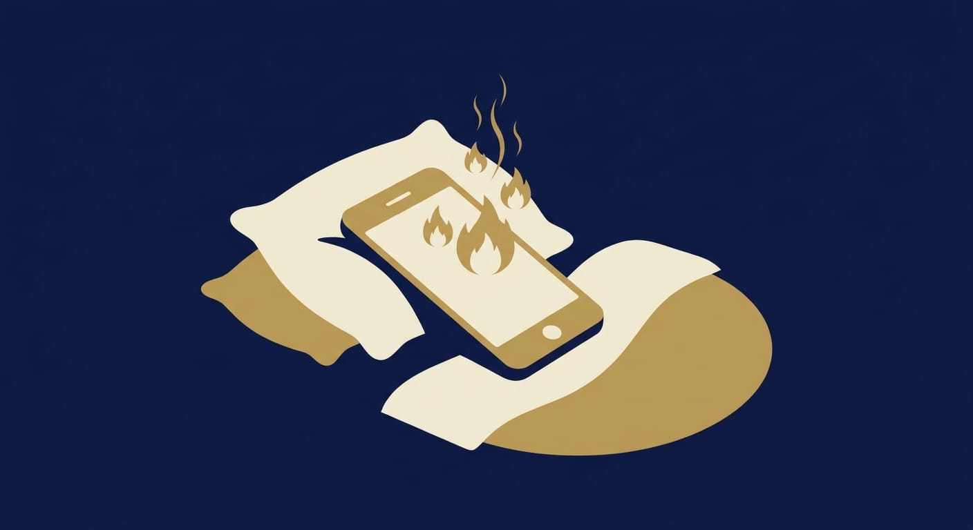 Ilustrace: hořící mobilní telefon na posteli